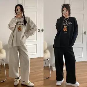 [유야]여성 면 곰돌이 긴팔 롱 티셔츠 와이드팬츠 세트 SPST0158 봄 가을