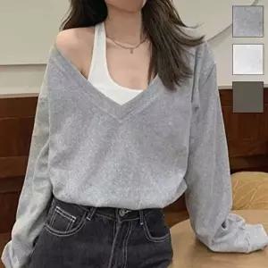 [옷자락]여자 간절기 오프숄더 브이넥 루즈핏 긴팔티