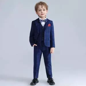 힐턴 블루 네이비 브라운 라인 윈도우 페인 정장 턱시도.