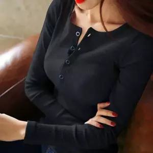 앞단추 포인트티셔츠 골지 여자긴팔티