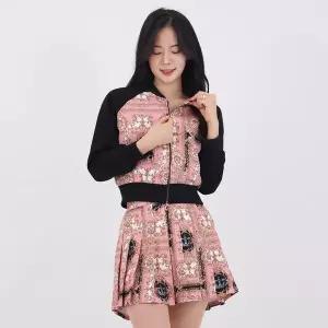 [하프클럽/]나염 집업 주름스커트 셋업