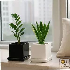 모던레시피 사각 유광 도자기 15cm 화분 받침 세트