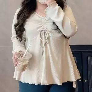 2컬러 빅사이즈 셔링 골지 물결소매 긴팔티셔츠