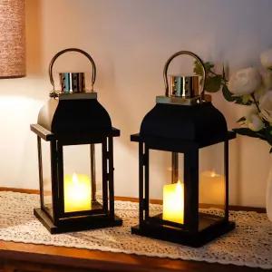 실내 야외 가정용 테이블 파티오 결혼식을 위한 2개의 장식용 양초 랜턴 세트 10인치 하이 블랙 걸이식