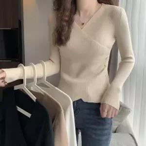 랩 골지 브이넥 슬림 여성 긴팔 니트티 블라우스 WFLX6DR