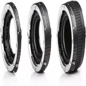 소니 알파 DSLR 카메라용 Movo MT-S68 3피스 AF 크롬 매크로 연장 튜브 세트 12mm 20mm 36mm 튜브가 장착된