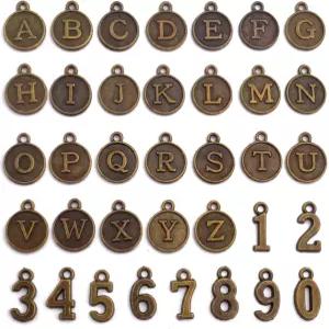 8세트 앤티크 브론즈 알파벳과 숫자 매력 혼합 합금 라운드 A-Z 이니셜 레터 펜던트 DIY 목걸이 팔찌