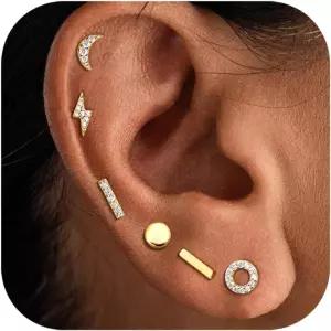 하요소 6쌍 스털링 실버 스터드 귀걸이 저자극 바 서클 CZ 라이트닝 볼트 작은 세트 화이트 골드 도금 연골