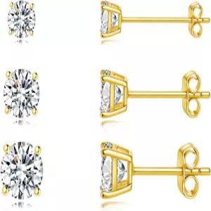 3쌍 14K 골드 도금 큐빅 지르코니아 스터드 귀걸이 4mm 5mm 6mm 사이즈 세트 여성용 및 남성용 저자극 실버