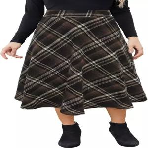 HERBATOMIA 여성용 미디 격자무늬 스커트 고탄력 허리 A라인 빈티지 플로우리 겨울 따뜻한 롱 주머니 있는