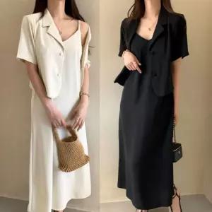 여자 봄 여름 루즈핏 코튼 블레이저 롱 원피스 세트