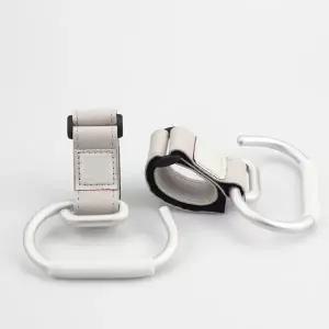 유모차 걸이용 실버 후크 흰색 벨트가 있는 휴대용 가방 클립 카트 자전거 보행기 강아지 목줄 기저귀 가