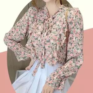 [라일리여성의류] Rly 쉬폰 긴팔 리본 프릴 프라워 블라우스