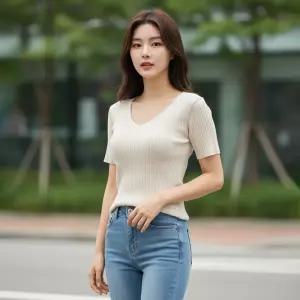 ATMARK 심플골지브이넥반팔니트_AA41KN035P