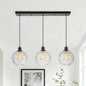 JIMKIGTO 주방용 3-라이트 블랙 아일랜드 조명, 투명 망치 유리 그늘이 있는 31.5인치 글로브 펜던트 다이닝 룸 주방 아일랜드용 농가 조절형 걸이식 조명 기구