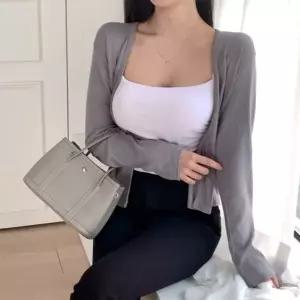 |KMJ6C84|여성 버튼 없는 여리핏 심플한 긴팔 가디건 봄가을용 무채색