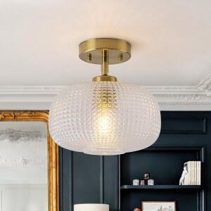 에디슬라이브 9.8인치 유리 세미 플러시 마운트 천장 조명 E26 빈티지 글로브 램프, 투명 격자 포함, 할리웨이 키첸 침실 골드