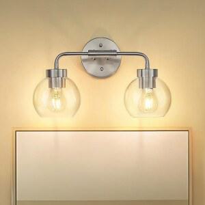 제유 모던 욕실 배니티 램프, 욕실용 글로브 라이트, 2라이트 월 미러 투명 유리 그늘이 있는 브러시드 니켈 마감, ZS62BG-2W BN