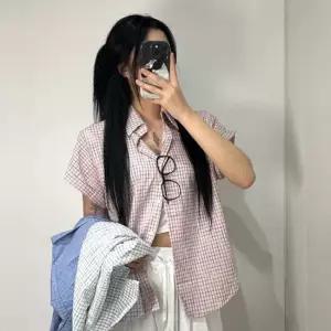 여성 체크 반팔 셔츠 루즈핏 여름 롤업 남방 3color 시원한 빈티지 오버핏 소라 핑크 화이트