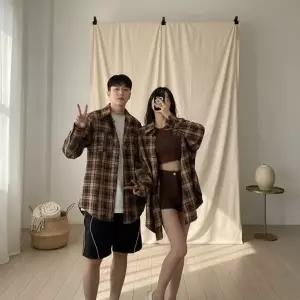 [옷자락]남녀공용 간절기 체크 오버사이즈 긴팔 셔츠