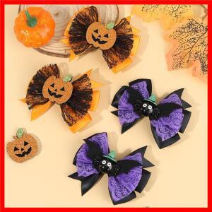 2/4Pcs 할로윈 헤어 클립 세트 호박 & 박쥐 레이스 새틴 머리핀 어린이를위한 소녀의 무서운 파티 머리 장