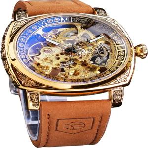 포시닝 남성용 시계 스퀘어 레트로 기계식 자체 바람 조각 스켈레톤 자동 빈티지 가죽 스트랩 손목시계