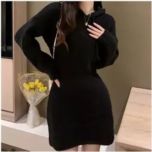 골지 니트원피스 블랙 후드 아이보리 (KYR-WD8CBBB)