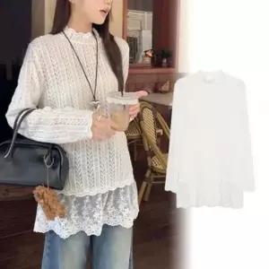 스위트 모던 레이디스 프릴레이스 플리츠 목폴라 시스루블라우스 안감 드레스셔츠