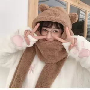 목도리모자 모자 목도리 넥워머 방한 머플러 겨울 여성 일체형 곰인형 털모자 겨울모자