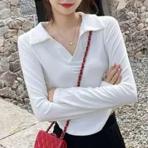 우먼 데일리 오픈 넥라인 브이라인 스타일링 폴로카라 긴소매 상티 데일리티 미니티