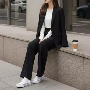 [옷자락]여성 루즈핏 와이드 폴리 스판 하이웨이스트 슬랙스_P416529245