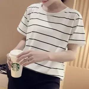 레이디스 숏티 패턴 스테디 줄무늬 스트라이프티셔츠 오픈칼라셔츠 화이트컬러 하프슬리브 탑