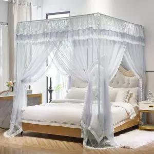멩게지 캐노피 침대 커튼 여자 러플 프린세스 성인 침실 장식용 포근한 드레이프 네팅 모기장 (그레이 퀸)
