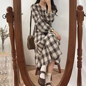 체크 셔츠 원피스 롱기장 단정한 코디 캐주얼룩 (KYR-WFFT8UT)