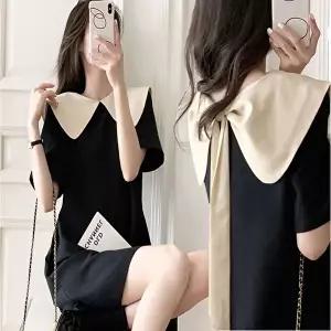 여자 왕카라 배색 하객룩 러블리 블랙 반팔 원피스 (KYR-WEF0216)
