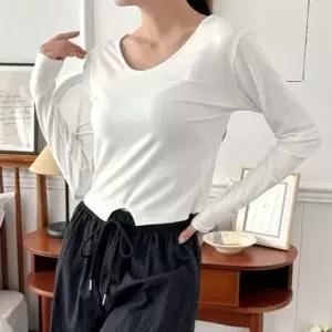 피치 스킨 세미크롭 라운드탑심플넥 장팔티 크롭탑 트렌디 봄가을티