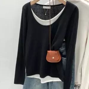 여성 일체형 레이어드 u넥 티셔츠 긴팔 티셔츠 심플 봄가을 레이어드코디 꾸안꾸룩