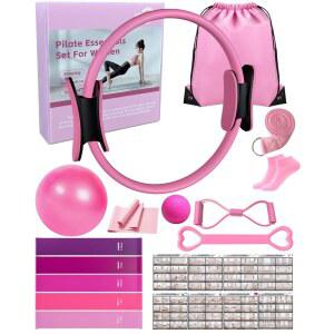 가정용 카브콘 필라테스 키트, 여성 초보자용 운동 필수품 세트, 13인치 링, 9.8인치 볼, 저항 밴드 및 가이드, 13/14/16 PCS 컴팩트 장비