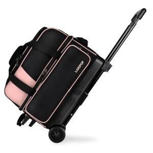 라리팝 듀얼 롤러 2구 볼링백, 최대 40인치까지 확장되는 3섹션 텔레스코픽 핸들이 장착된 별도의 대형 신발 수납공간이 특징입니다