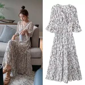 여성 편한 플라워 롱 여름 반팔 바캉스 쉬폰 원피스 (KYR-WEDAFB5)