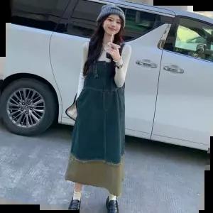 오버롤 빈티지 데님 배색 멜빵 원피스 LL-D131