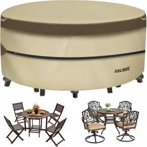리치 야외 파티오 가구 커버 - 원형 테이블 사계절 식탁 및 의자 커버를 위한 고강도 방수 600D 튼튼한