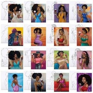 그림을 그리기 위한 VOCHIC 16개 미리 그린 캔버스 및 그림 키트 인쇄된 DIY 아트 파티 용품 소녀들의 밤 데이트 (Sip Lady, 8x10인치)