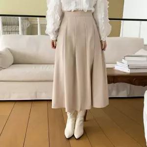 여자 하이웨스트 플리츠 플레어 롱 스커트