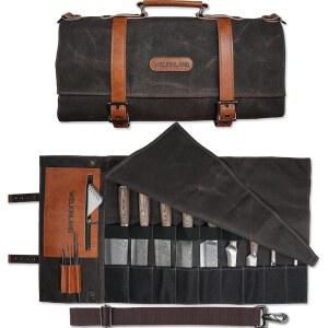 웰킨랜드 13포켓 나이프 롤, 왁스캔버스 가죽 롤백, 헤비 듀티 셰프 방수 랩 휴대용 롤업, 백 및