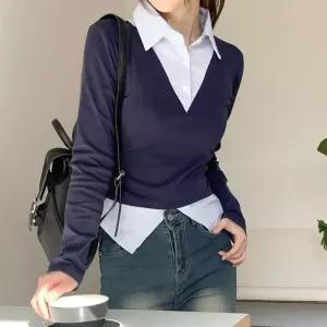 여자 스트라이프 일체형 셔츠 레이어드 티셔츠