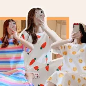 여성 여름 임산부 반팔 수면 잠옷 면 파자마 롱 원피스