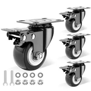 2인치 캐스터 휠 세트 4개 브레이크가 장착된 헤비 듀티 폴리우레탄(PU) 휠이 노이즈 잠금 회전 카트 가구