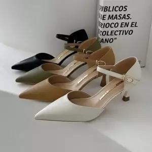 소가죽 클래식 스트랩 포인트 여성 슬링백 힐 슈즈 6SS