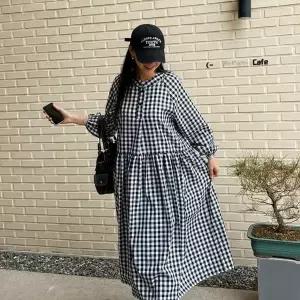 [하프클럽/옷자락]여자 깅엄체크 고방 버튼 빅사이즈 봄 코튼 롱원피스